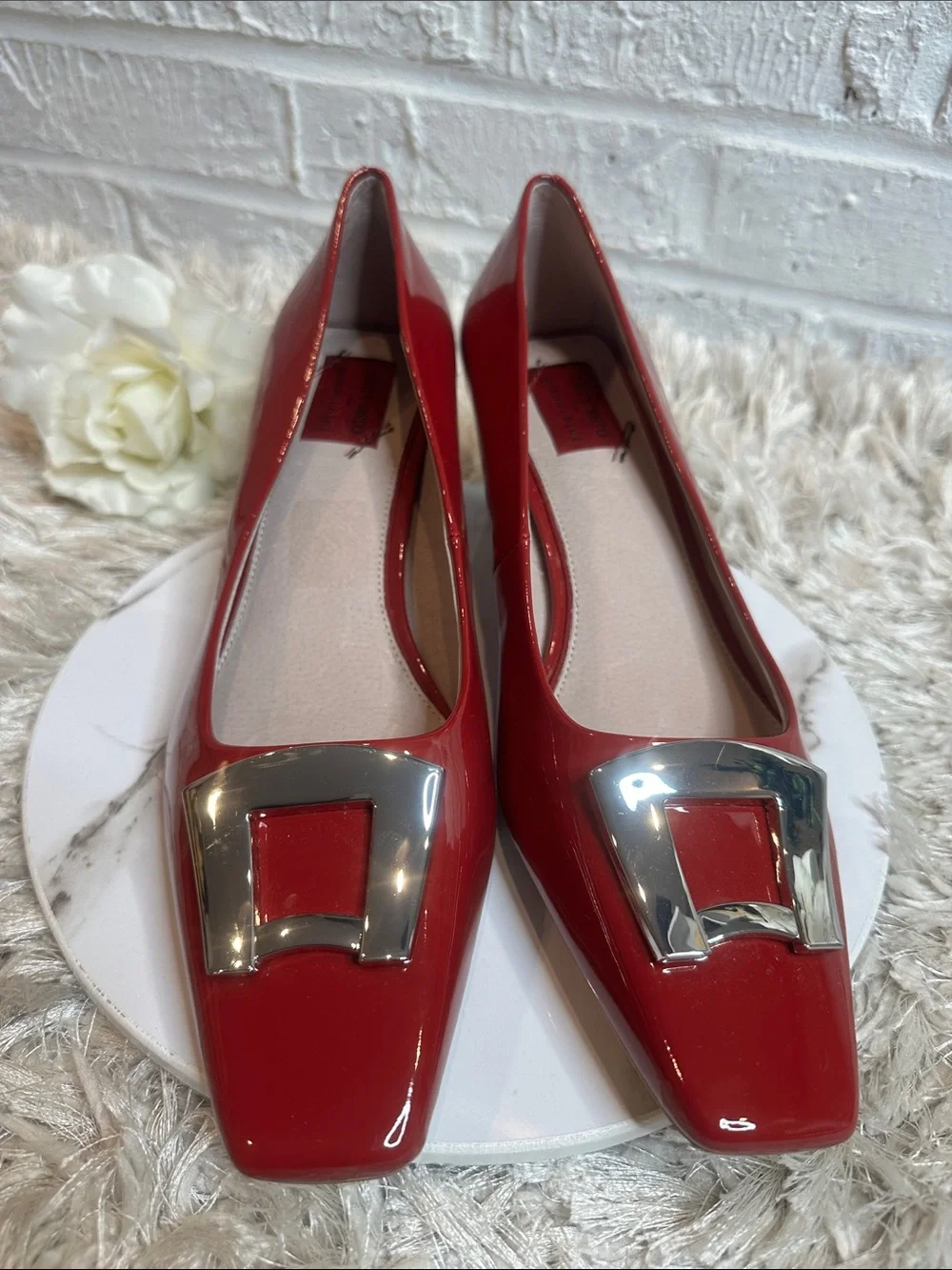 ๐NWOB Lilly Sisto by Gianni Bini Red Patent Square-Toe with Silver Buckle, 11M - Picture 1 of 13